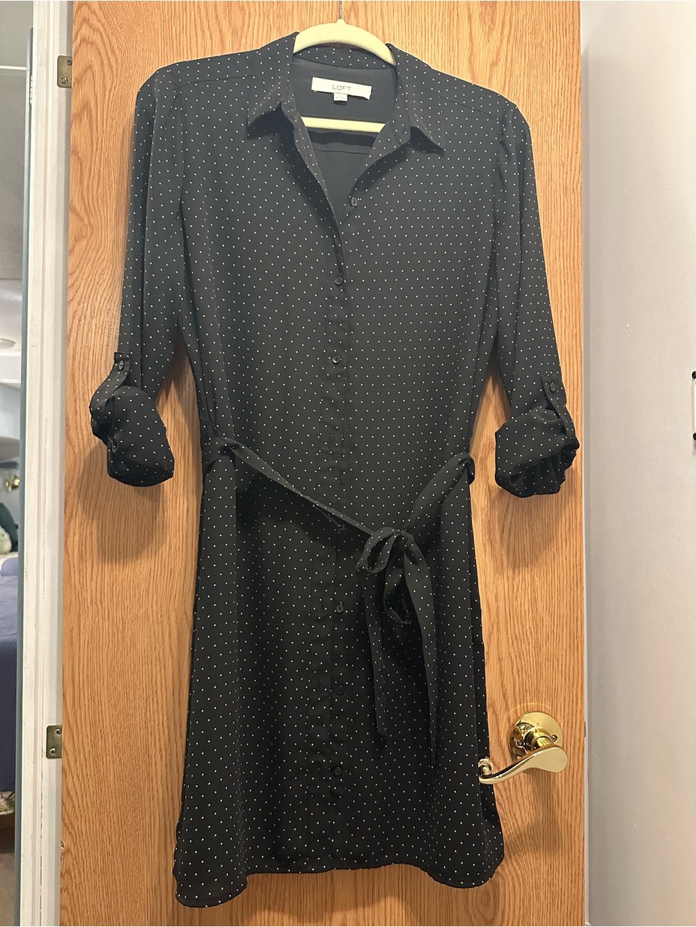 LOFT Black Dot-Print Button-Front Shirt Dress